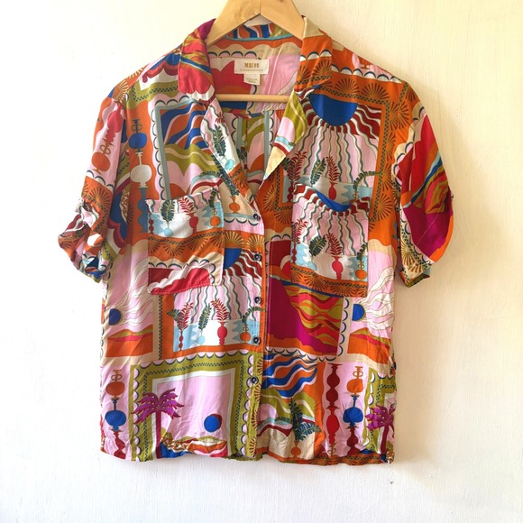 Maeve Anthropologie Bon Voyage Button Down‎ Short Sleeve Colorful Print Top Med - Picture 6 of 13